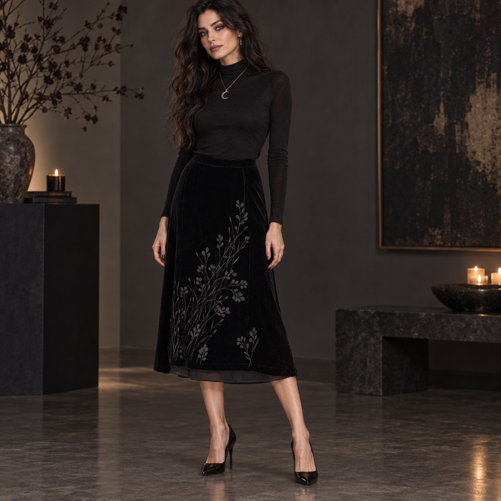 Vintage David Dart Woman 2X Black Silk Rayon Velvet Burnout Floral Midi Skirt